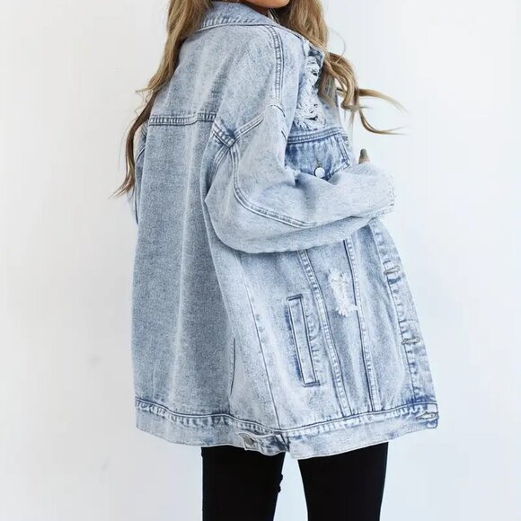 Light Blue Distressed Buttoned Denim Jacket - Picture 2 of 4